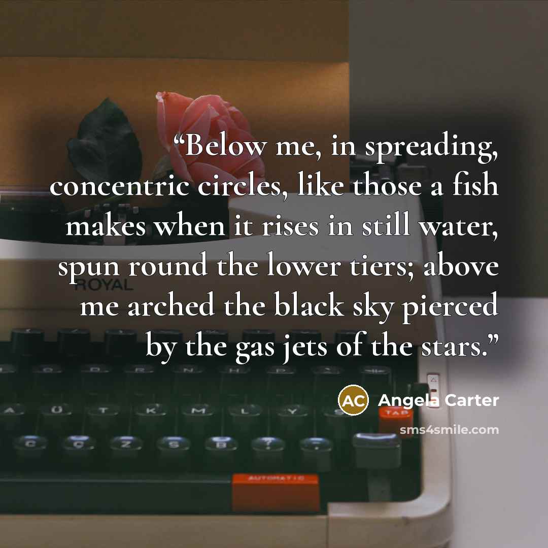 “Below me, in spreading, concentric circles, like those a fish makes when it rises in still water, spun round the lower tiers; above me arched the black sky pierced by the gas jets of the stars.” quote by Angela Carter
