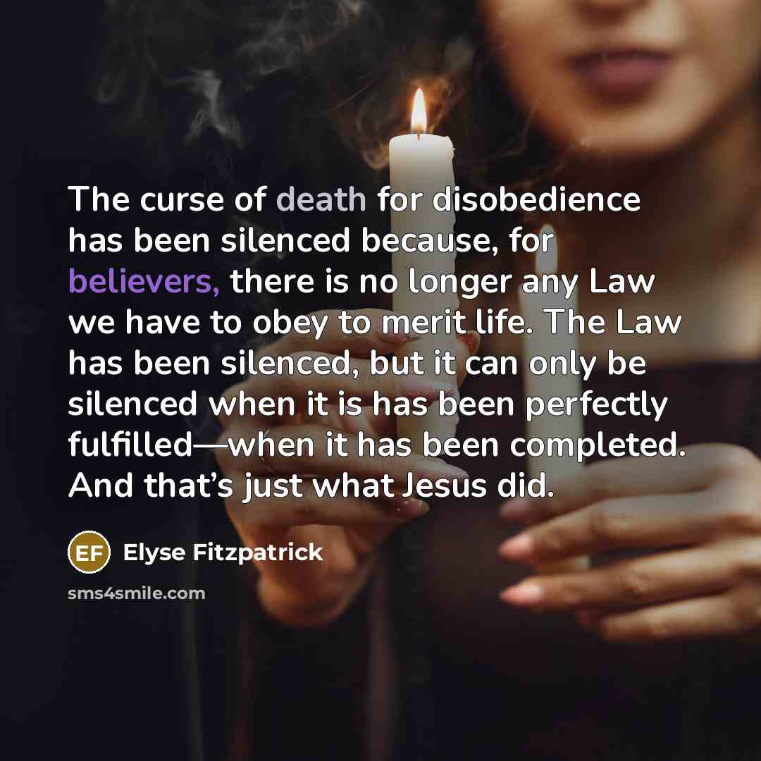 “The curse of death for disobedience has been silenced because, for believers, there is no longer any Law we have to obey to merit life. The Law has been silenced, but it can only be silenced when it is has been perfectly fulfilled—when it has been completed. And that’s just what Jesus did.” quote by Elyse Fitzpatrick