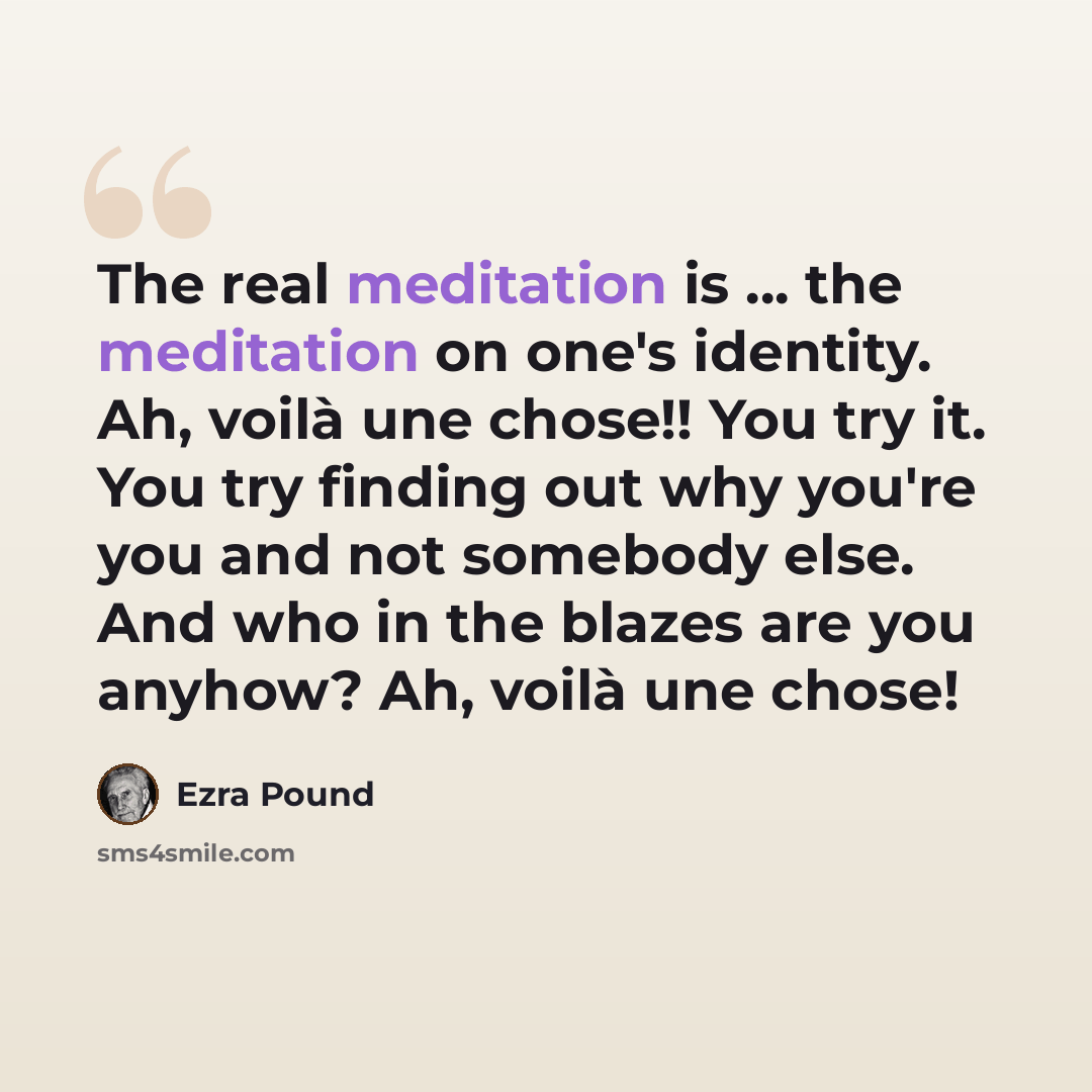 “The real meditation is ... the meditation on one's identity. Ah, voilà une chose!! You try it. You try finding out why you're you and not somebody else. And who in the blazes are you anyhow? Ah, voilà une chose!” quote by Ezra Pound