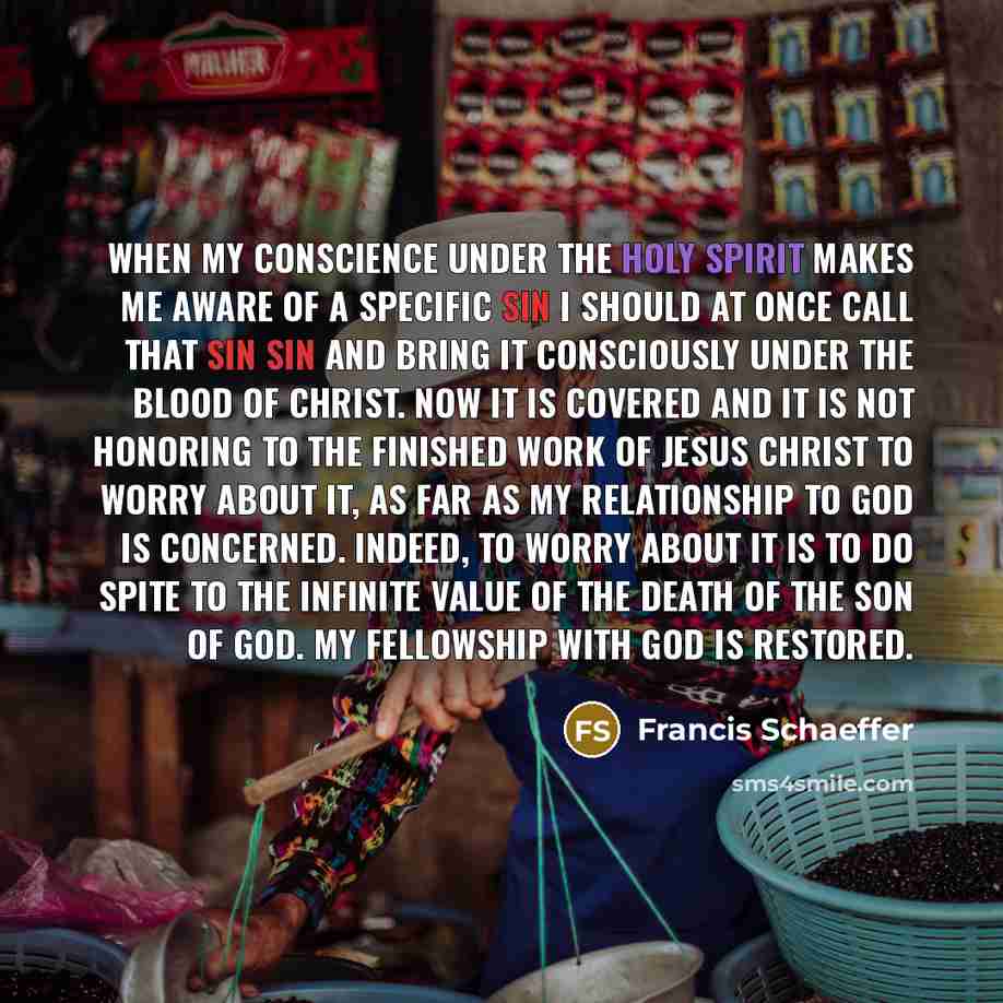 “When my conscience under the Holy Spirit makes me aware of a specific sin I should at once call that sin sin and bring it consciously under the blood of Christ. Now it is covered and it is not honoring to the finished work of Jesus Christ to worry about it, as far as my relationship to God is…” quote by Francis Schaeffer