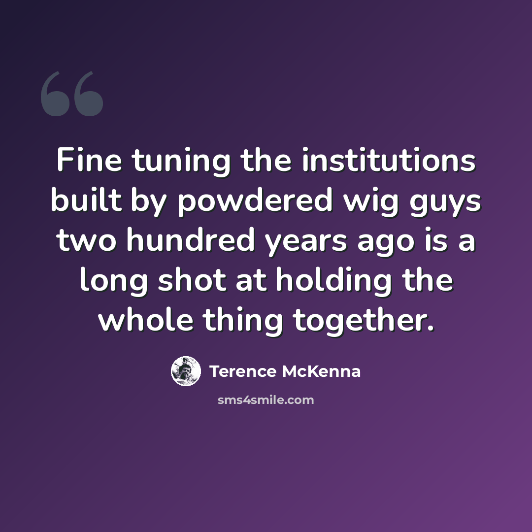 “Fine tuning the institutions built by powdered wig guys two hundred years ago is a long shot at holding the whole thing together.” quote by Terence McKenna
