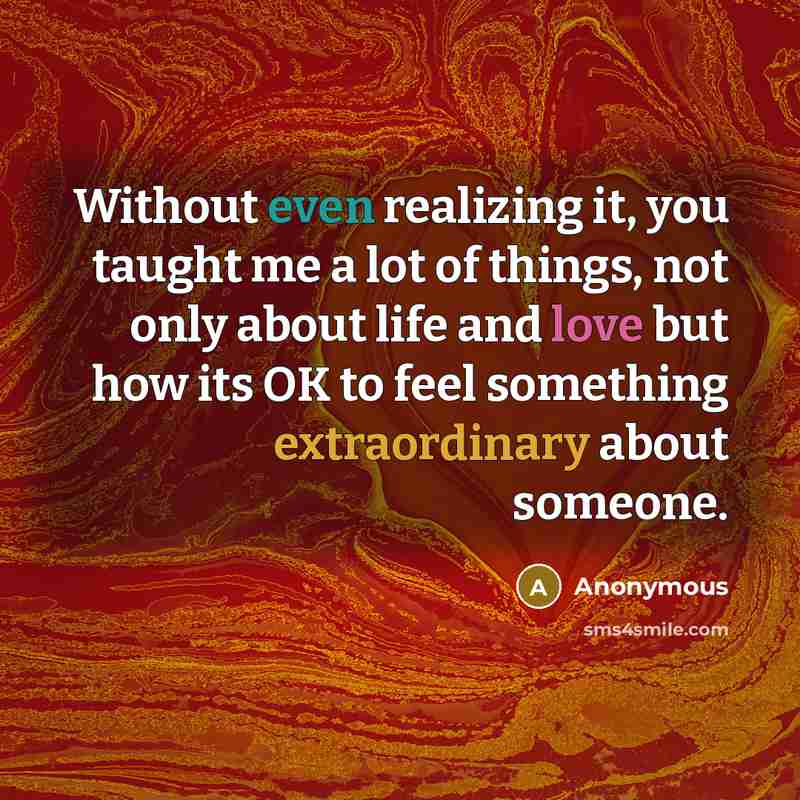 “Without even realizing it, you taught me a lot of things, not only about life and love but how its OK to feel something extraordinary about someone.” quote by Anonymous