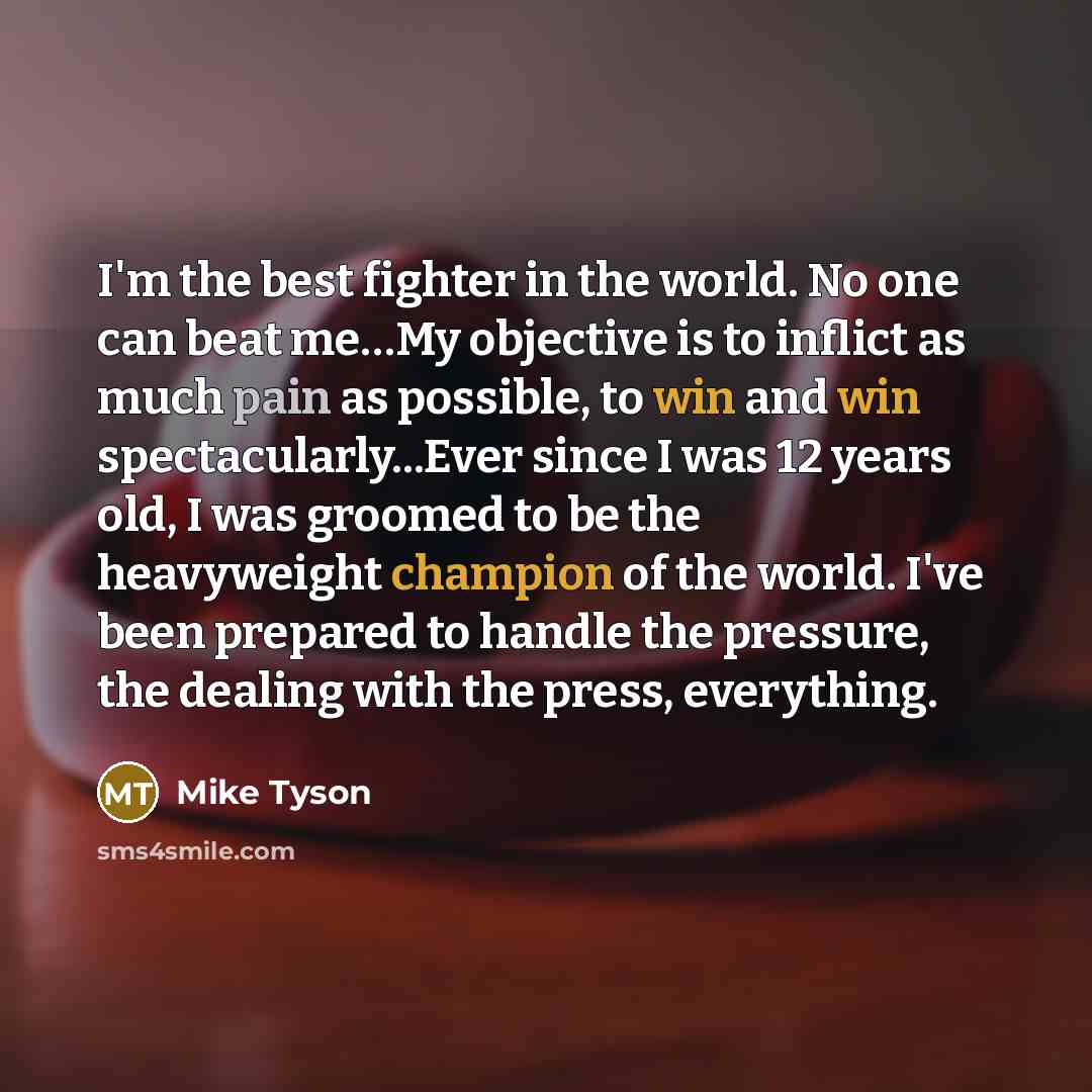 “I'm the best fighter in the world. No one can beat me…My objective is to inflict as much pain as possible, to win and win spectacularly...Ever since I was 12 years old, I was groomed to be the heavyweight champion of the world. I've been prepared to handle the pressure, the dealing with the press…” quote by Mike Tyson