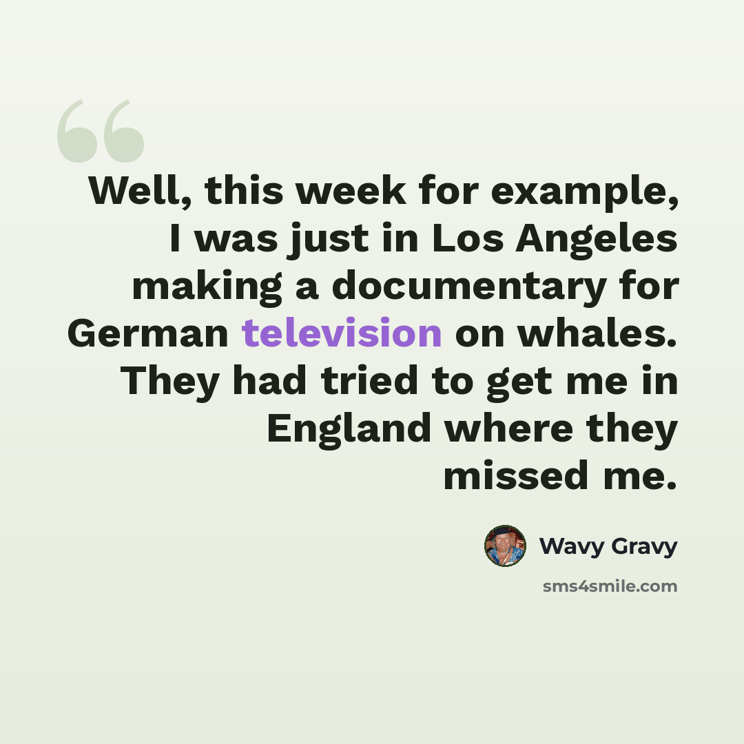 “Well, this week for example, I was just in Los Angeles making a documentary for German television on whales. They had tried to get me in England where they missed me.” quote by Wavy Gravy