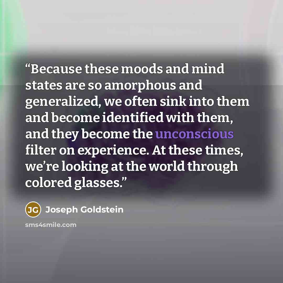 “Because these moods and mind states are so amorphous and generalized, we often sink into them and become identified with them, and they become the unconscious filter on experience. At these times, we’re looking at the world through colored glasses.” quote by Joseph Goldstein