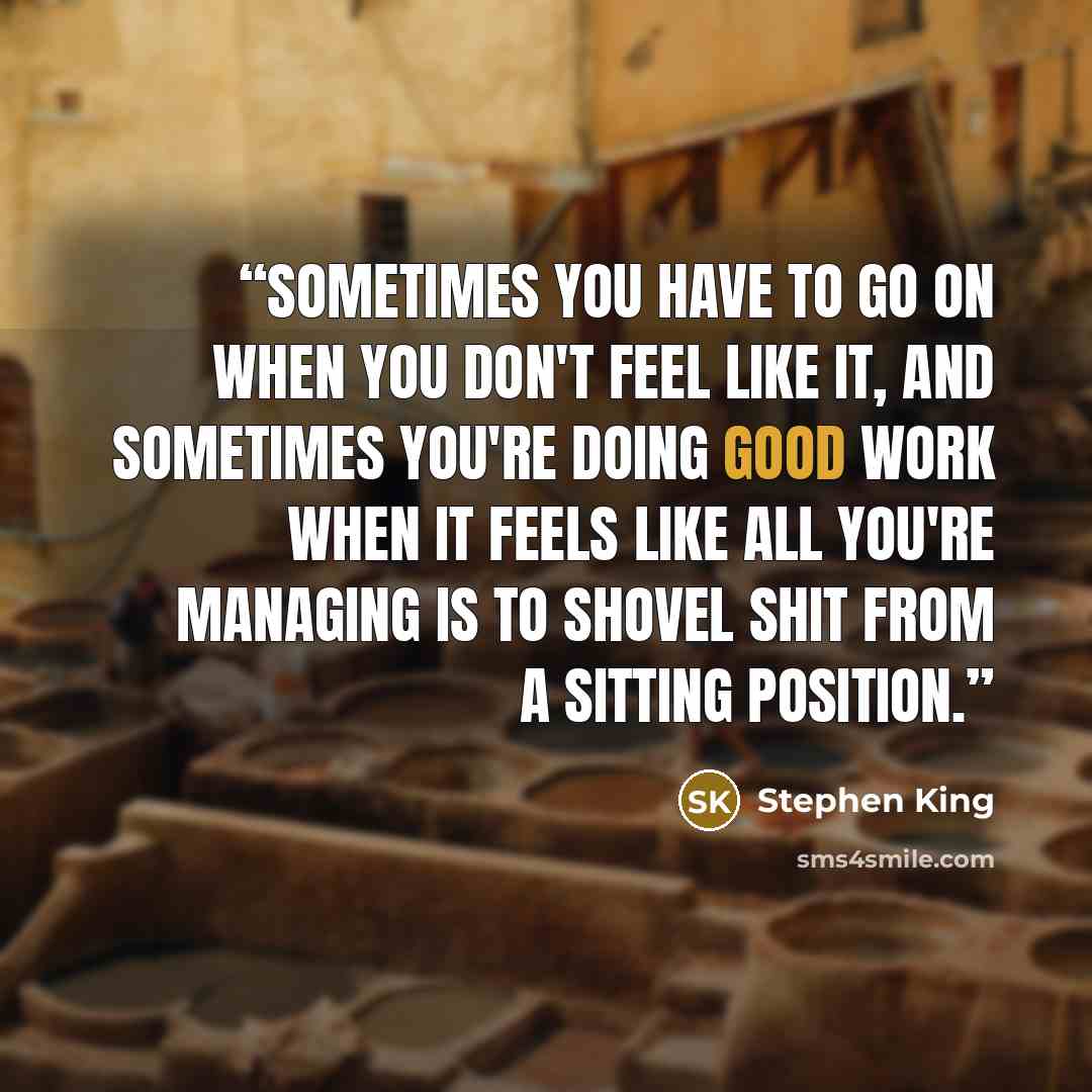 “Sometimes you have to go on when you don't feel like it, and sometimes you're doing good work when it feels like all you're managing is to shovel shit from a sitting position.” quote by Stephen King