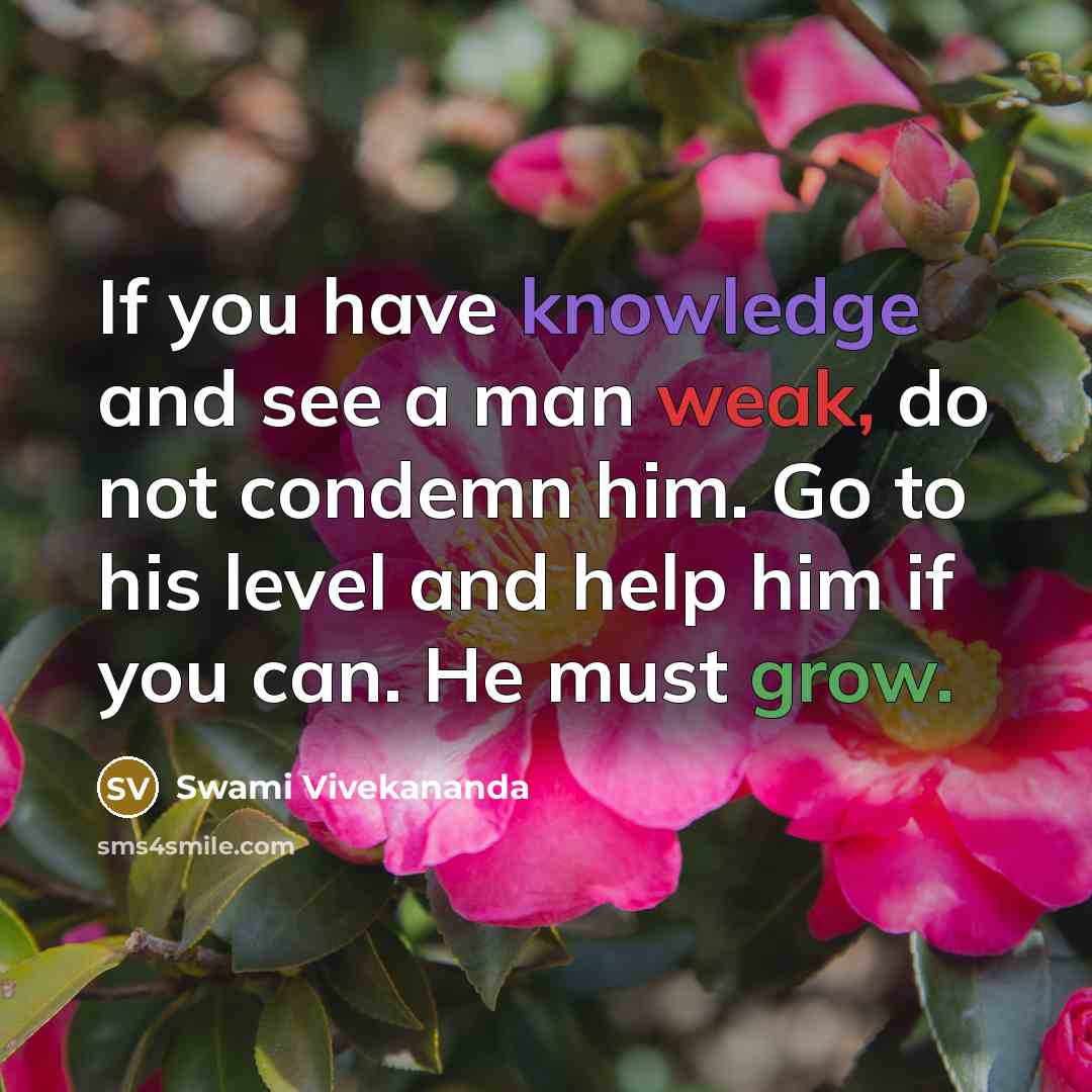 “If you have knowledge and see a man weak, do not condemn him. Go to his level and help him if you can. He must grow.” quote by Swami Vivekananda