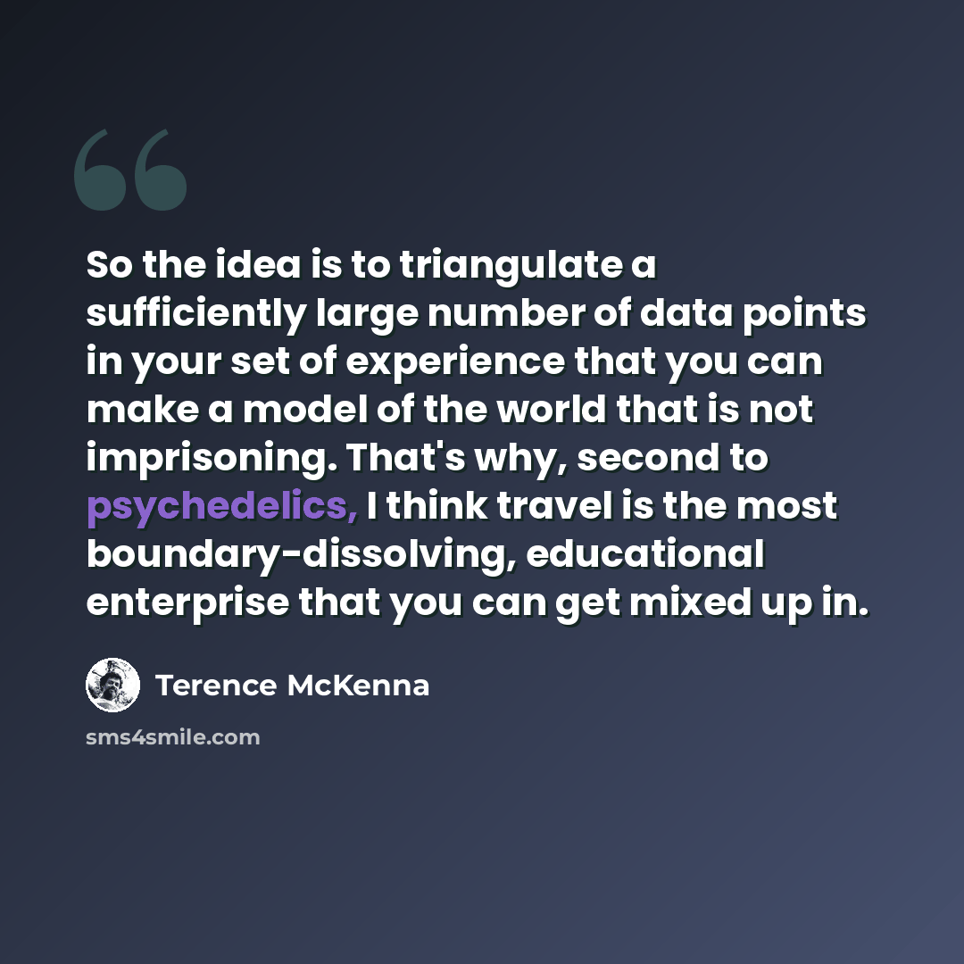 “So the idea is to triangulate a sufficiently large number of data points in your set of experience that you can make a model of the world that is not imprisoning. That's why, second to psychedelics, I think travel is the most boundary-dissolving, educational enterprise that you can get mixed up in.” quote by Terence McKenna