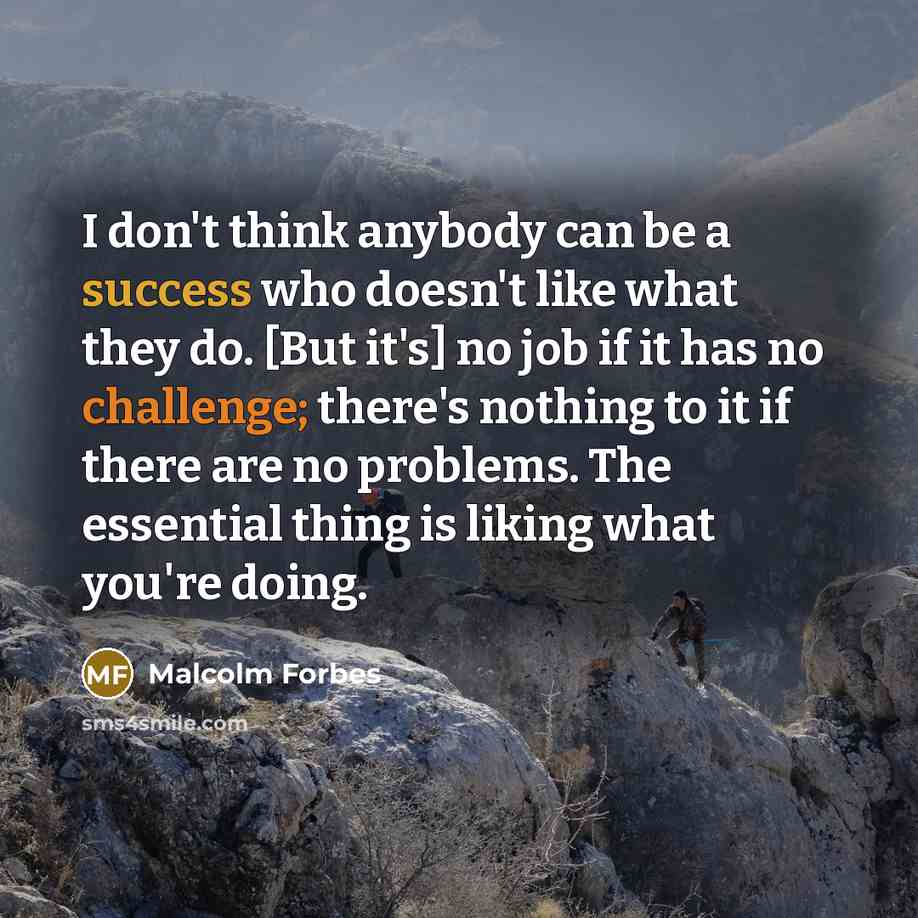 “I don't think anybody can be a success who doesn't like what they do. [But it's] no job if it has no challenge; there's nothing to it if there are no problems. The essential thing is liking what you're doing.” quote by Malcolm Forbes