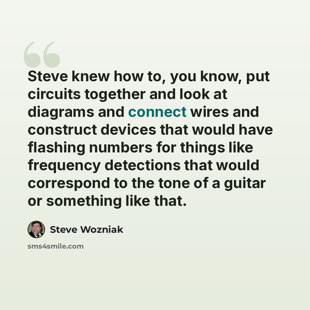 “Steve knew how to, you know, put circuits together and look at diagrams and connect wires and construct devices that would have flashing numbers for things like frequency detections that would correspond to the tone of a guitar or something like that.” quote by Steve Wozniak