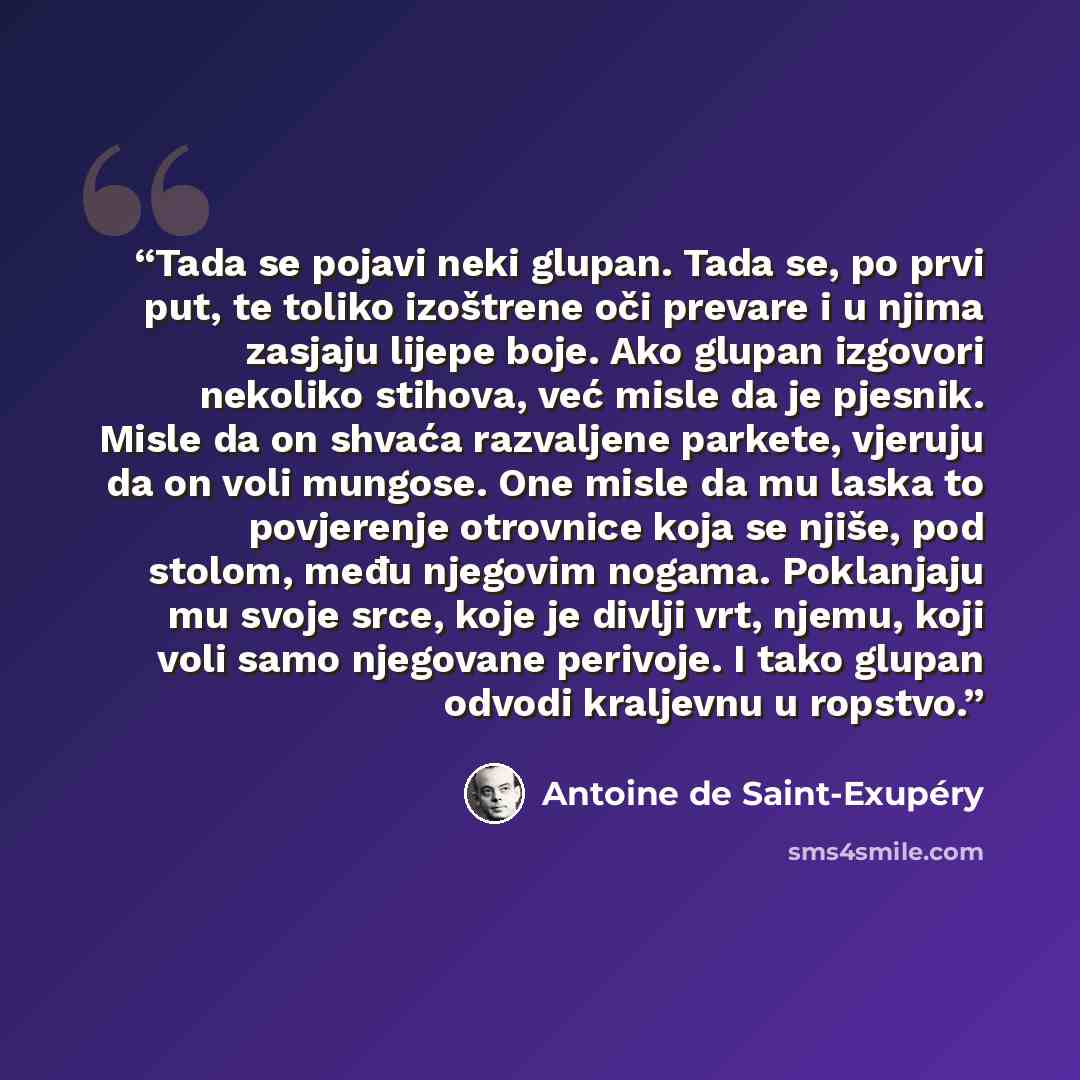 “Tada se pojavi neki glupan. Tada se, po prvi put, te toliko izoštrene oči prevare i u njima zasjaju lijepe boje. Ako glupan izgovori nekoliko stihova, već misle da je pjesnik. Misle da on shvaća razvaljene parkete, vjeruju da on voli mungose. One misle da mu laska to povjerenje otrovnice koja se…” quote by Antoine de Saint-Exupéry