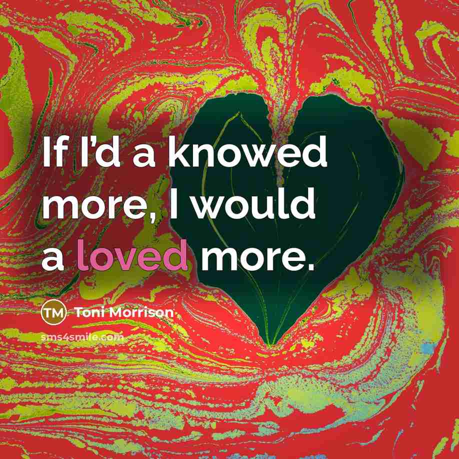 “If I’d a knowed more, I would a loved more.” quote by Toni Morrison