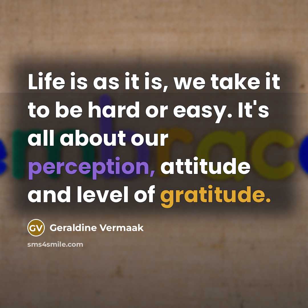 “Life is as it is, we take it to be hard or easy. It's all about our perception, attitude and level of gratitude.” quote by Geraldine Vermaak