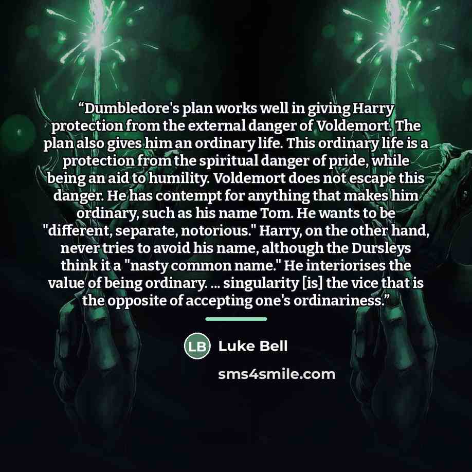 “Dumbledore's plan works well in giving Harry protection from the external danger of Voldemort. The plan also gives him an ordinary life. This ordinary life is a protection from the spiritual danger of pride, while being an aid to humility. Voldemort does not escape this danger. He has contempt for…” quote by Luke Bell