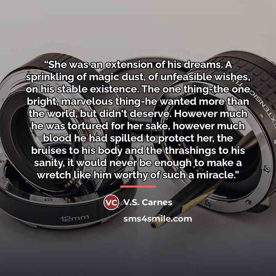 “She was an extension of his dreams. A sprinkling of magic dust, of unfeasible wishes, on his stable existence. The one thing-the one bright, marvelous thing-he wanted more than the world, but didn't deserve. However much he was tortured for her sake, however much blood he had spilled to protect…” quote by V.S. Carnes