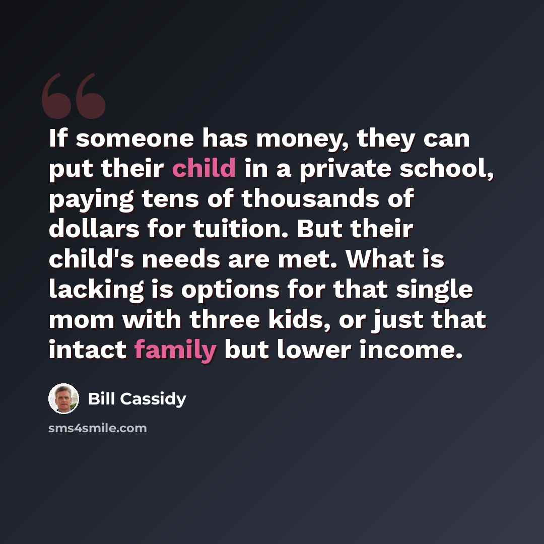“If someone has money, they can put their child in a private school, paying tens of thousands of dollars for tuition. But their child's needs are met. What is lacking is options for that single mom with three kids, or just that intact family but lower income.” quote by Bill Cassidy