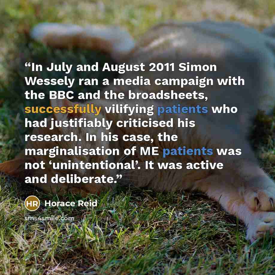 “In July and August 2011 Simon Wessely ran a media campaign with the BBC and the broadsheets, successfully vilifying patients who had justifiably criticised his research. In his case, the marginalisation of ME patients was not ‘unintentional’. It was active and deliberate.” quote by Horace Reid