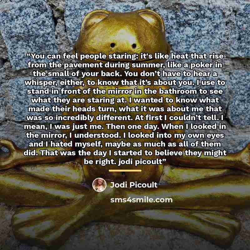 “You can feel people staring: it's like heat that rise from the pavement during summer, like a poker in the small of your back. You don’t have to hear a whisper, either, to know that it’s about you. I use to stand in front of the mirror in the bathroom to see what they are staring at. I wanted to…” quote by Jodi Picoult