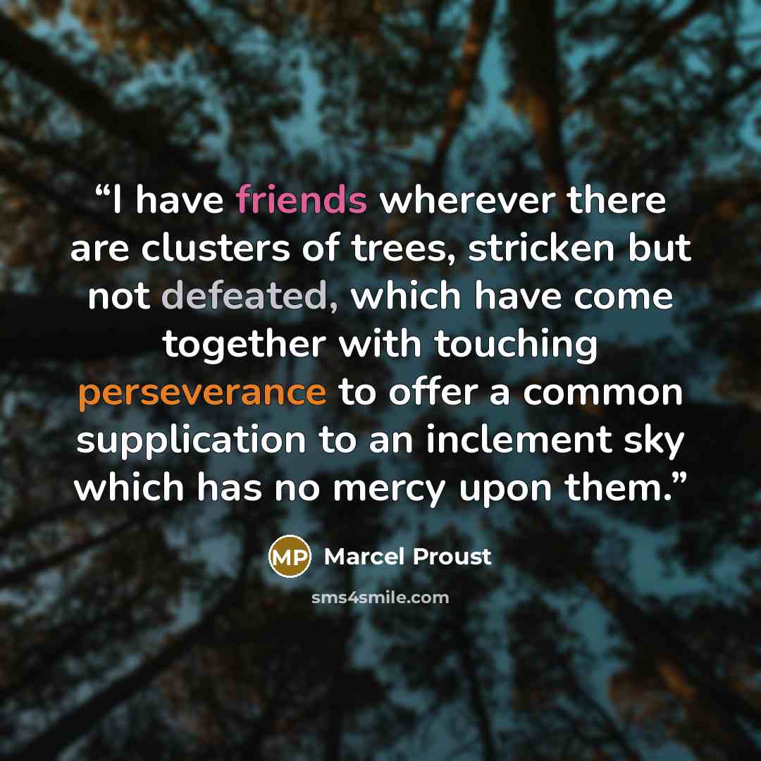 “I have friends wherever there are clusters of trees, stricken but not defeated, which have come together with touching perseverance to offer a common supplication to an inclement sky which has no mercy upon them.” quote by Marcel Proust