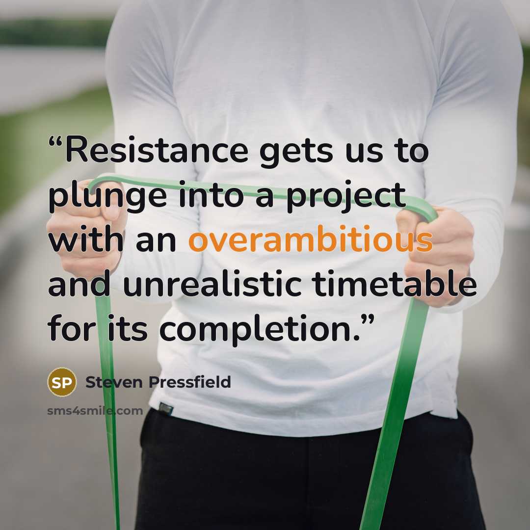 “Resistance gets us to plunge into a project with an overambitious and unrealistic timetable for its completion.” quote by Steven Pressfield