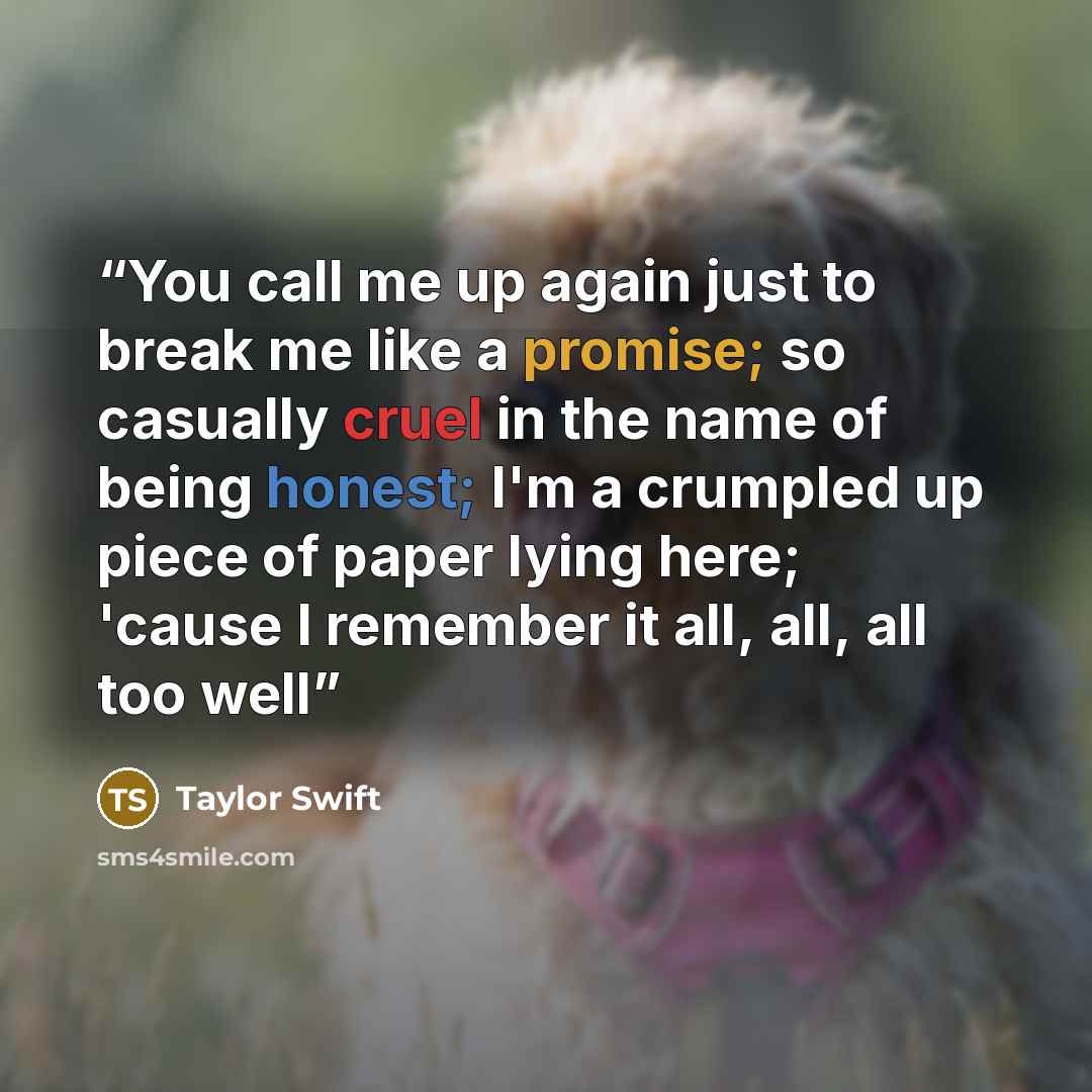 “You call me up again just to break me like a promise; so casually cruel in the name of being honest; I'm a crumpled up piece of paper lying here; 'cause I remember it all, all, all too well” quote by Taylor Swift
