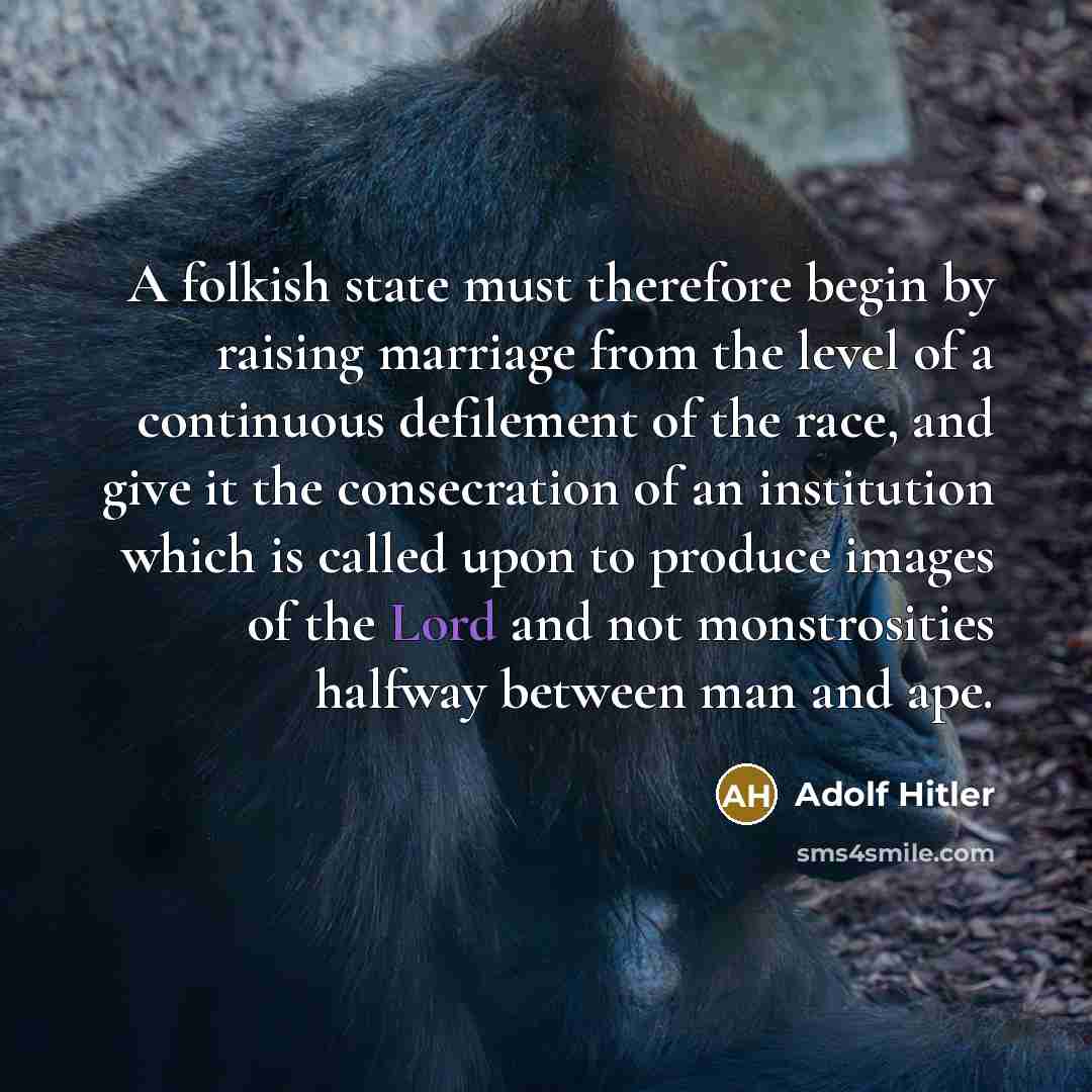 “A folkish state must therefore begin by raising marriage from the level of a continuous defilement of the race, and give it the consecration of an institution which is called upon to produce images of the Lord and not monstrosities halfway between man and ape.” quote by Adolf Hitler