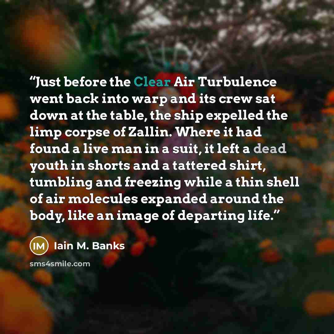 “Just before the Clear Air Turbulence went back into warp and its crew sat down at the table, the ship expelled the limp corpse of Zallin. Where it had found a live man in a suit, it left a dead youth in shorts and a tattered shirt, tumbling and freezing while a thin shell of air molecules expanded…” quote by Iain M. Banks
