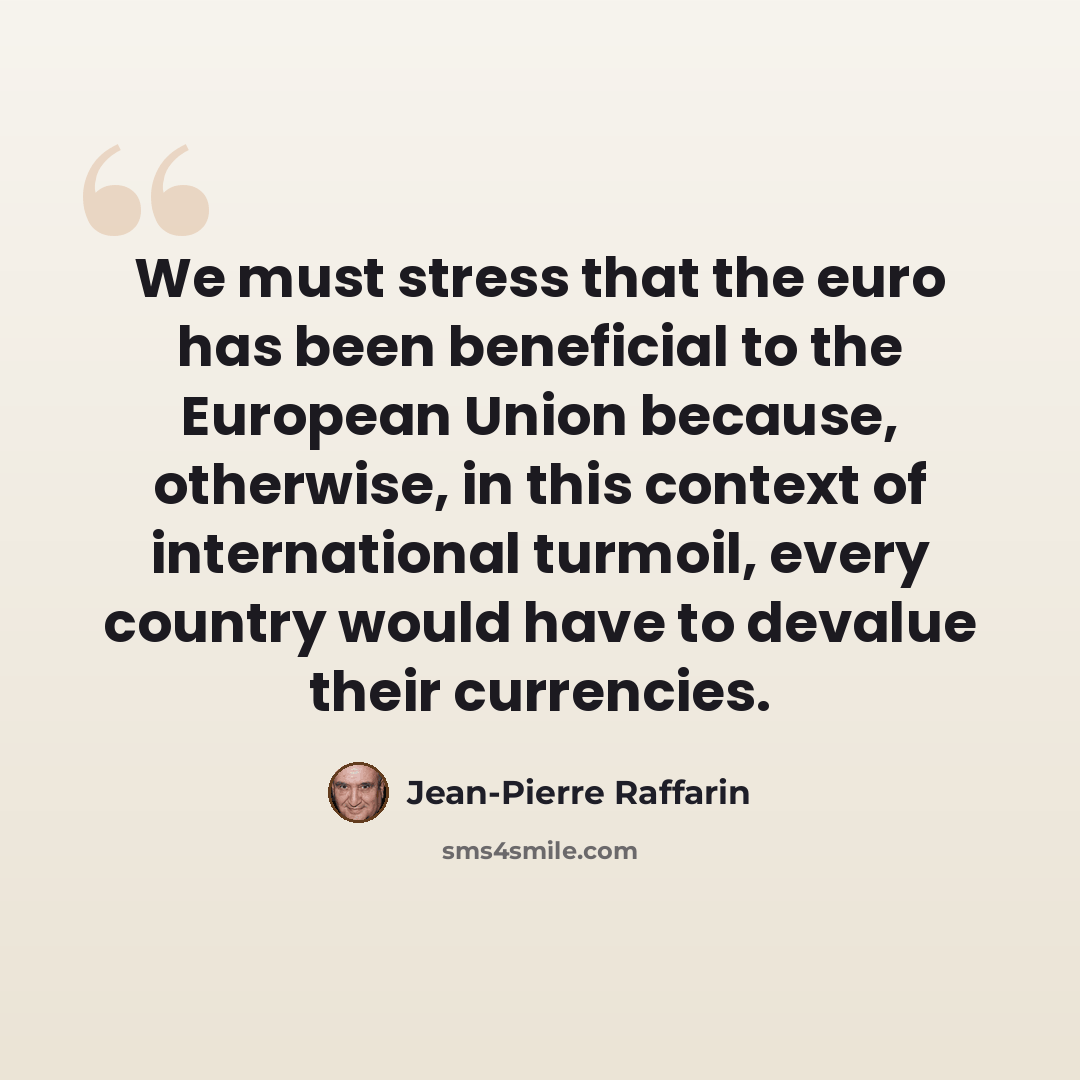 “We must stress that the euro has been beneficial to the European Union because, otherwise, in this context of international turmoil, every country would have to devalue their currencies.” quote by Jean-Pierre Raffarin