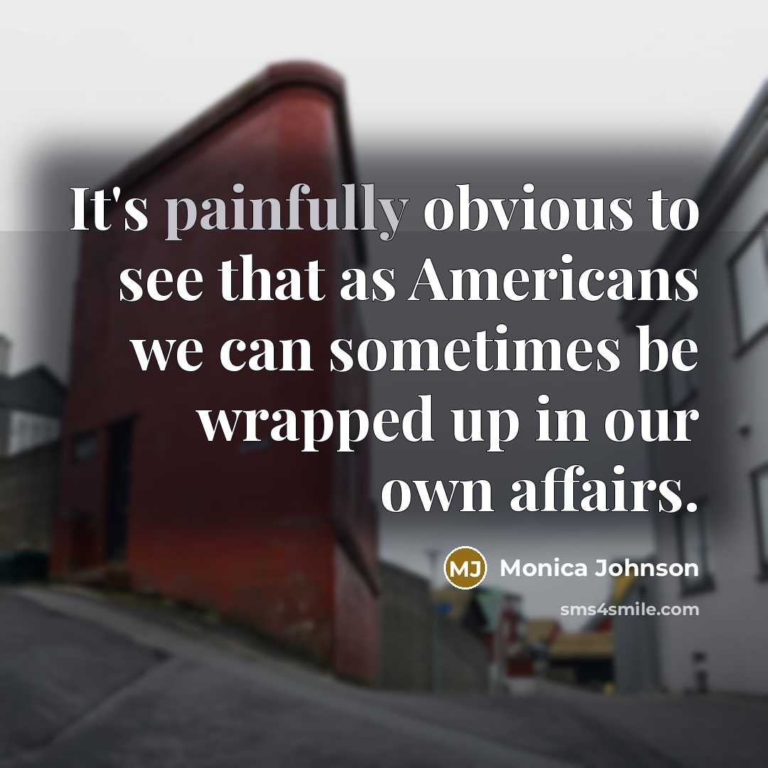 “It's painfully obvious to see that as Americans we can sometimes be wrapped up in our own affairs.” quote by Monica Johnson
