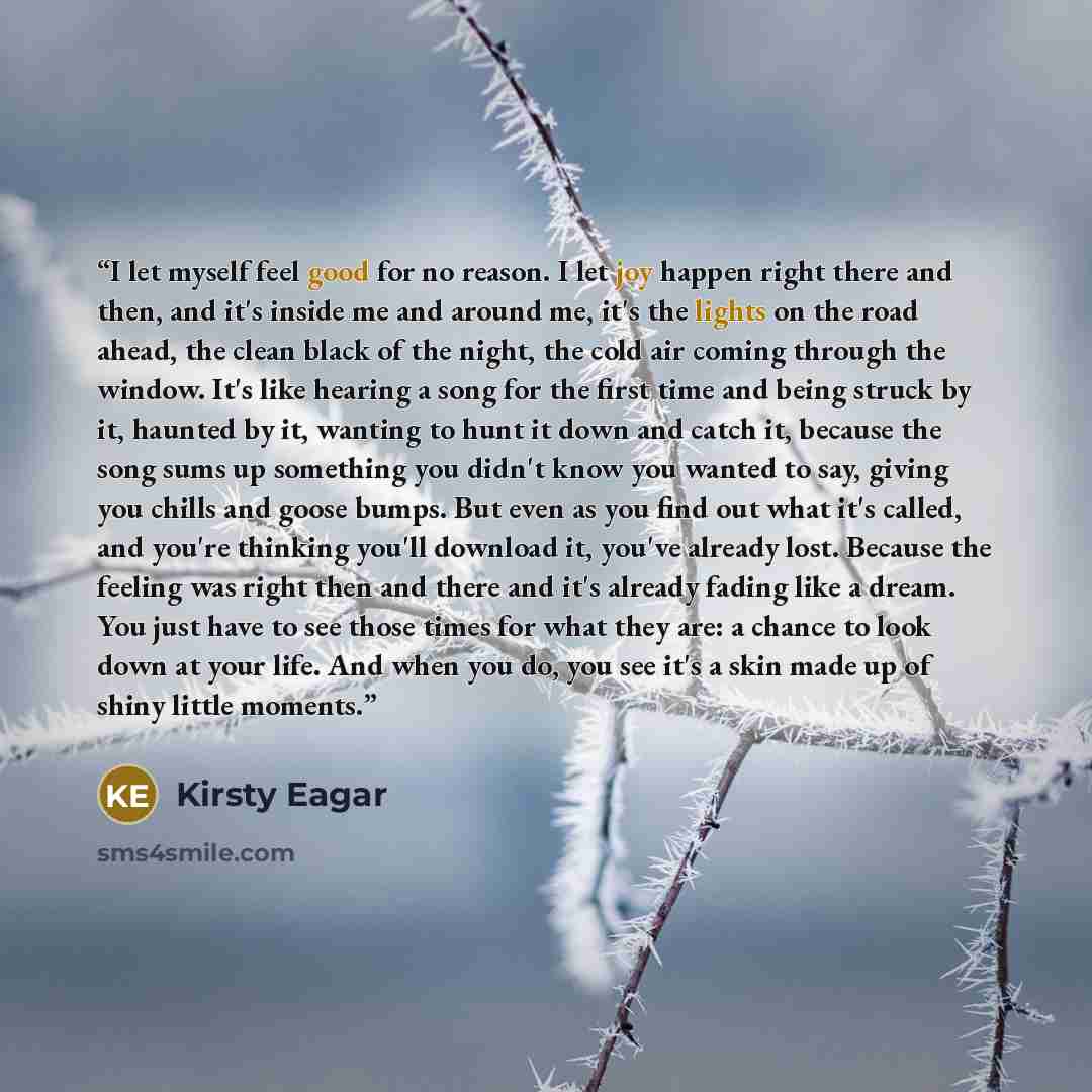 “I let myself feel good for no reason. I let joy happen right there and then, and it's inside me and around me, it's the lights on the road ahead, the clean black of the night, the cold air coming through the window. It's like hearing a song for the first time and being struck by it, haunted by it…” quote by Kirsty Eagar