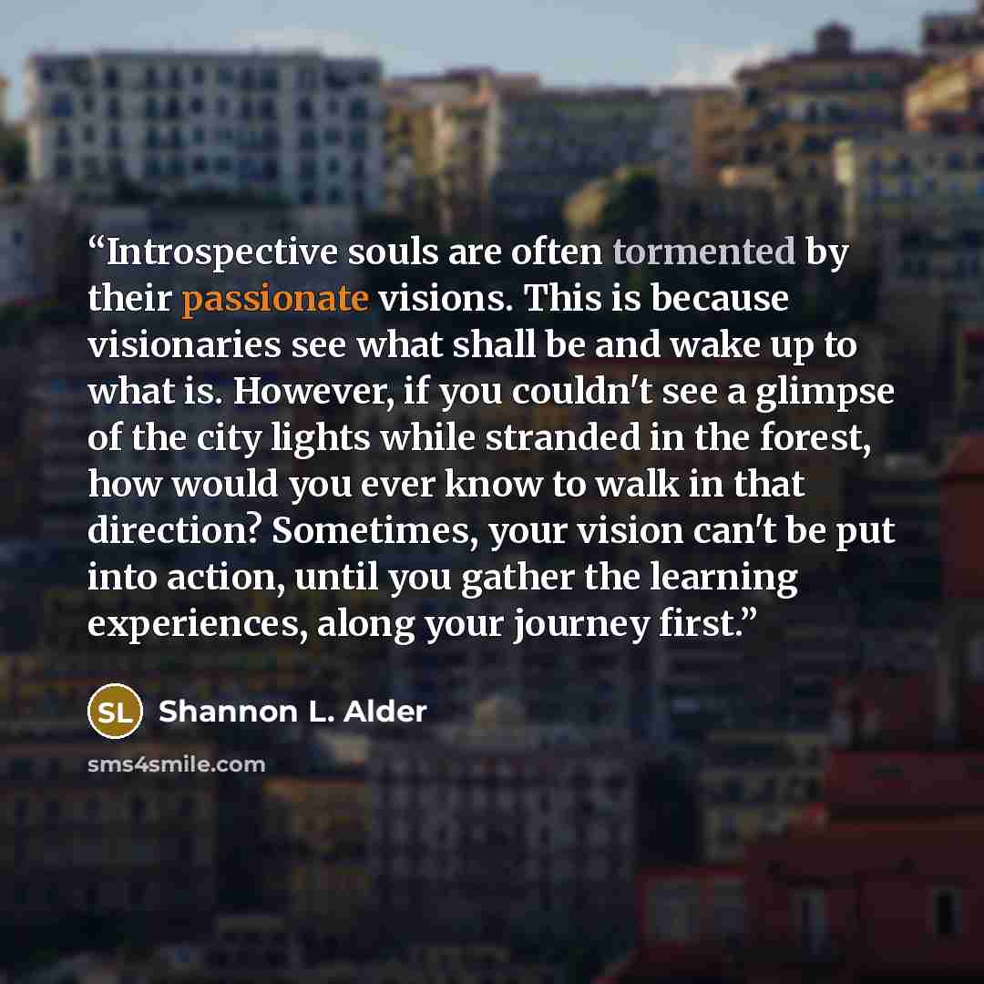 “Introspective souls are often tormented by their passionate visions. This is because visionaries see what shall be and wake up to what is. However, if you couldn't see a glimpse of the city lights while stranded in the forest, how would you ever know to walk in that direction? Sometimes, your…” quote by Shannon L. Alder