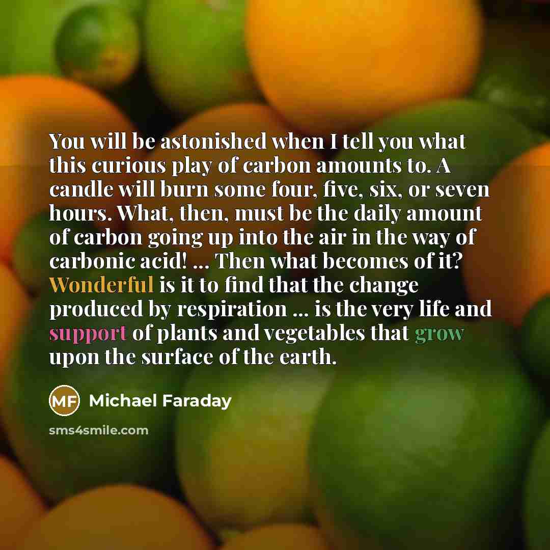 “You will be astonished when I tell you what this curious play of carbon amounts to. A candle will burn some four, five, six, or seven hours. What, then, must be the daily amount of carbon going up into the air in the way of carbonic acid! ... Then what becomes of it? Wonderful is it to find that…” quote by Michael Faraday