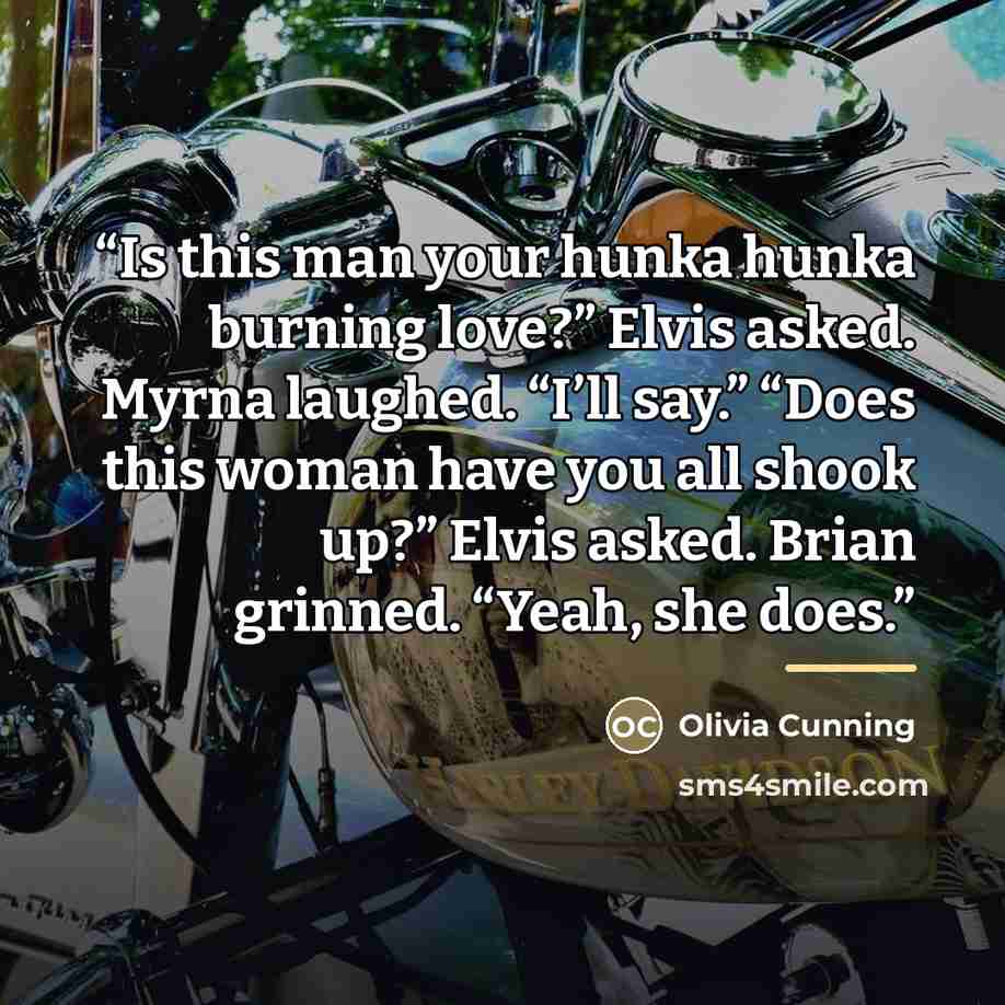 “Is this man your hunka hunka burning love?” Elvis asked. Myrna laughed. “I’ll say.” “Does this woman have you all shook up?” Elvis asked. Brian grinned. “Yeah, she does.” quote by Olivia Cunning