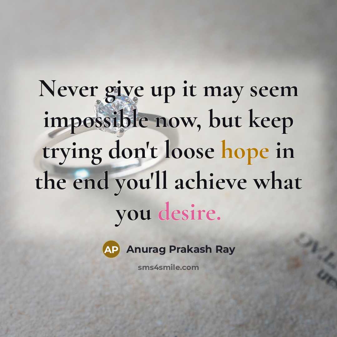 “Never give up it may seem impossible now, but keep trying don't loose hope in the end you'll achieve what you desire.” quote by Anurag Prakash Ray