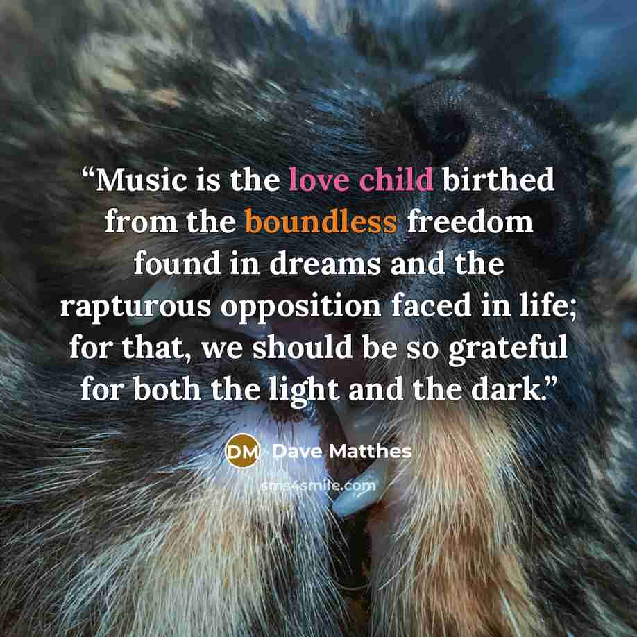 “Music is the love child birthed from the boundless freedom found in dreams and the rapturous opposition faced in life; for that, we should be so grateful for both the light and the dark.” quote by Dave Matthes