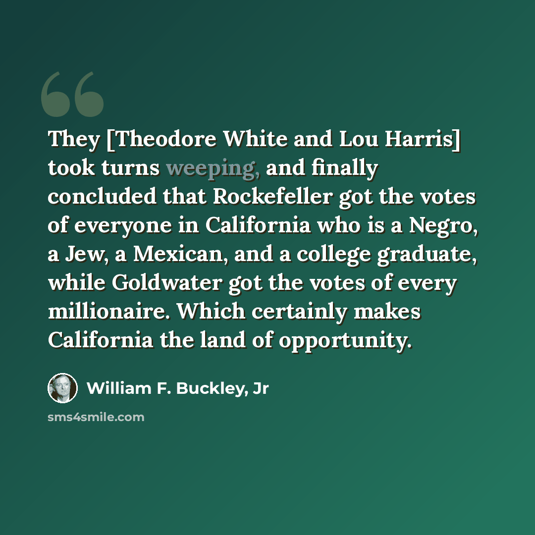 “They [Theodore White and Lou Harris] took turns weeping, and finally concluded that Rockefeller got the votes of everyone in California who is a Negro, a Jew, a Mexican, and a college graduate, while Goldwater got the votes of every millionaire. Which certainly makes California the land of…” quote by William F. Buckley, Jr