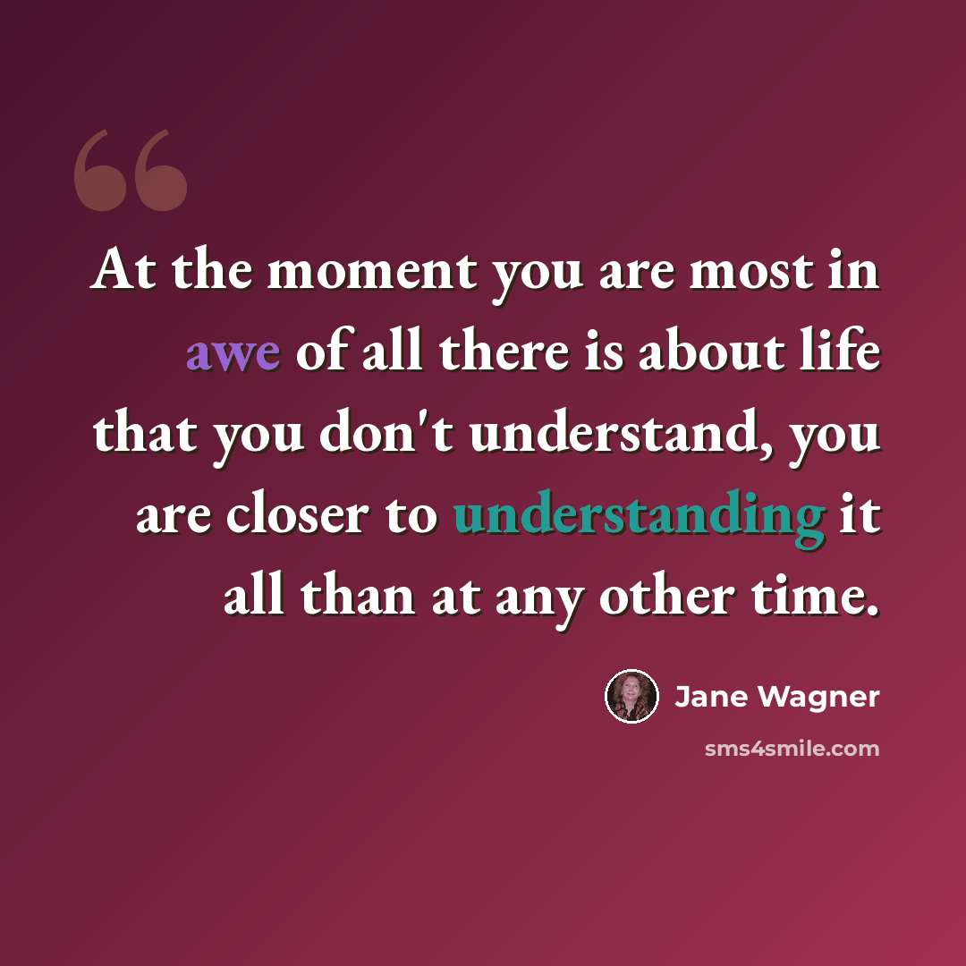 “At the moment you are most in awe of all there is about life that you don't understand, you are closer to understanding it all than at any other time.” quote by Jane Wagner