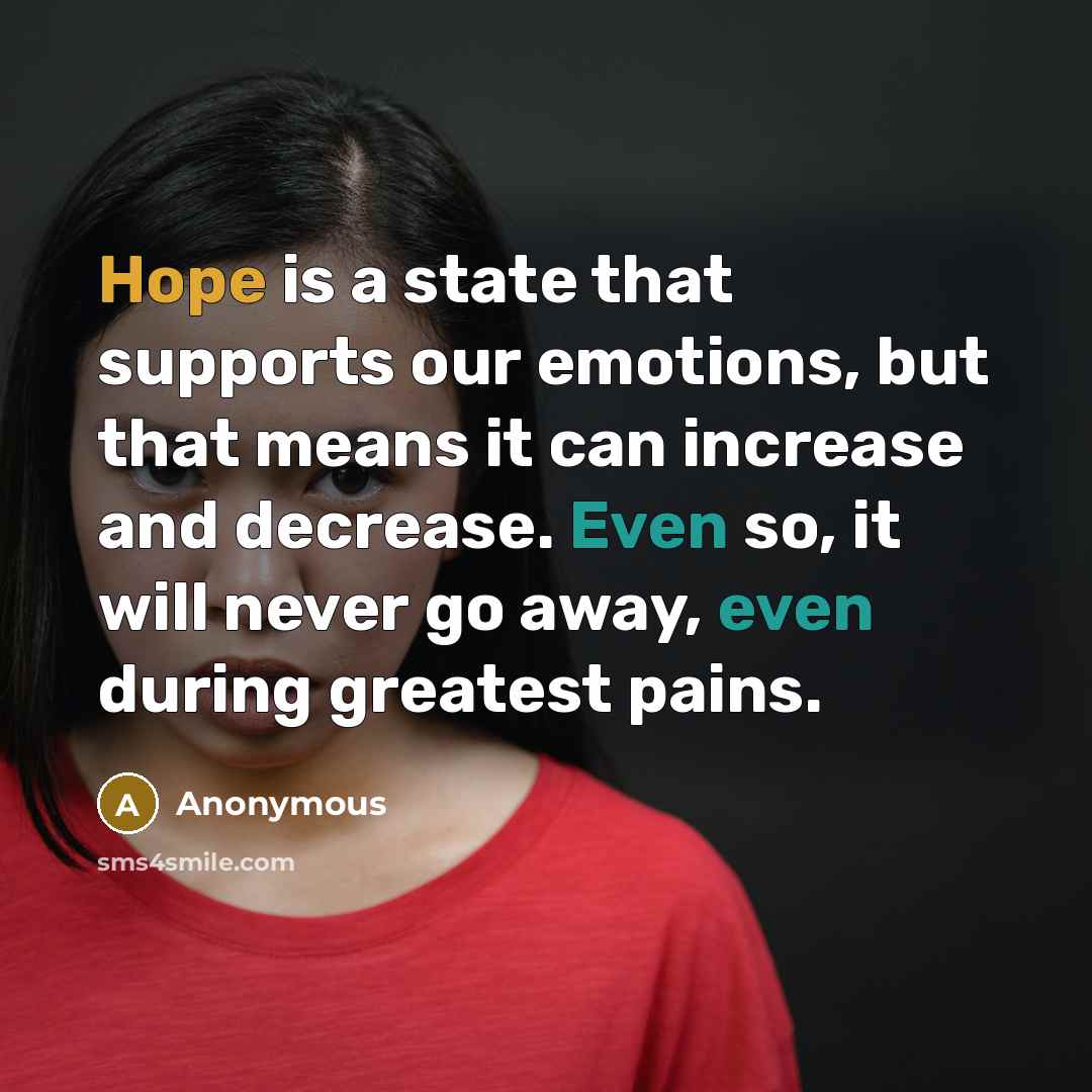 “Hope is a state that supports our emotions, but that means it can increase and decrease. Even so, it will never go away, even during greatest pains.” quote by Anonymous