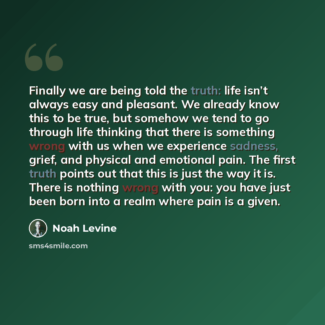 “Finally we are being told the truth: life isn’t always easy and pleasant. We already know this to be true, but somehow we tend to go through life thinking that there is something wrong with us when we experience sadness, grief, and physical and emotional pain. The first truth points out that this…” quote by Noah Levine