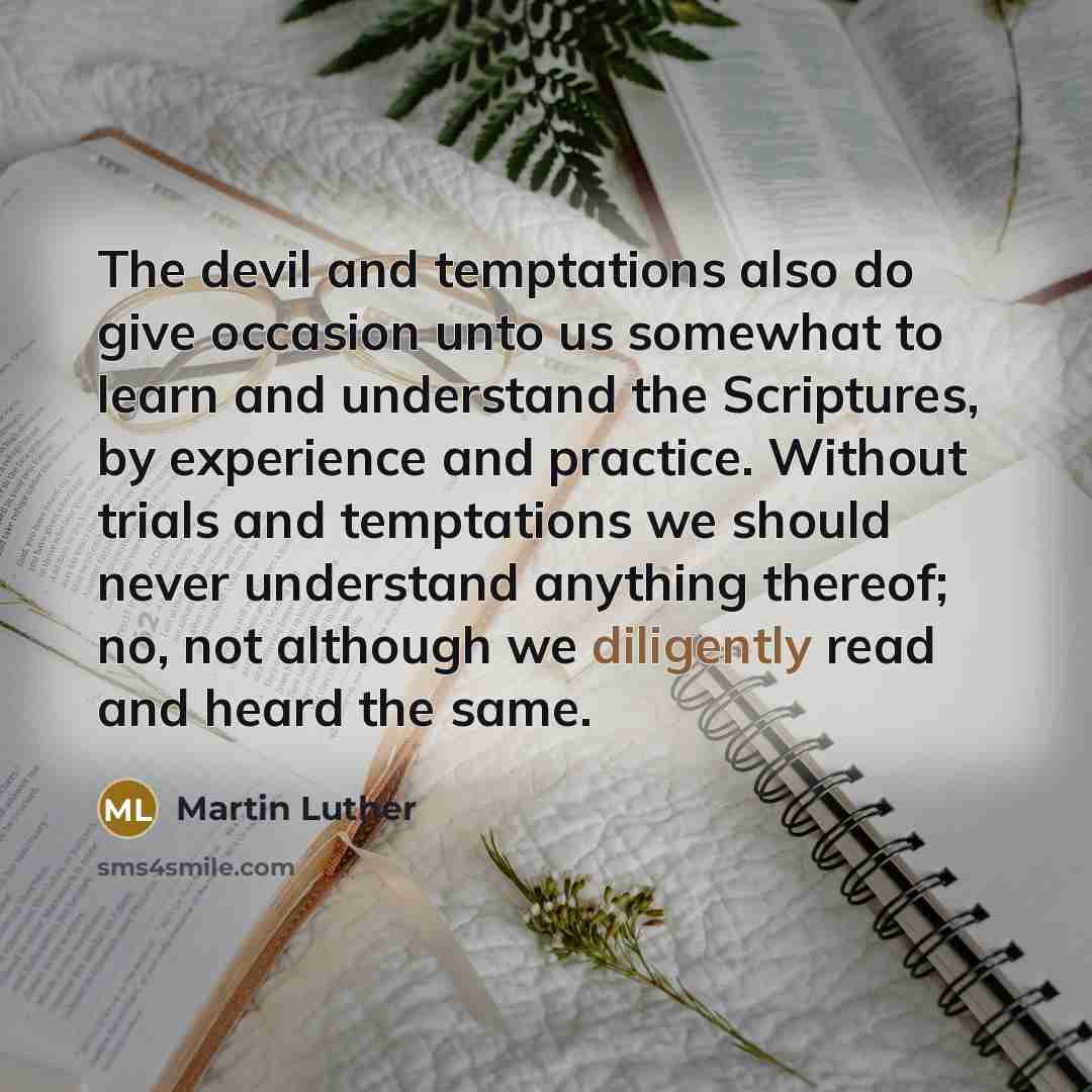 “The devil and temptations also do give occasion unto us somewhat to learn and understand the Scriptures, by experience and practice. Without trials and temptations we should never understand anything thereof; no, not although we diligently read and heard the same.” quote by Martin Luther