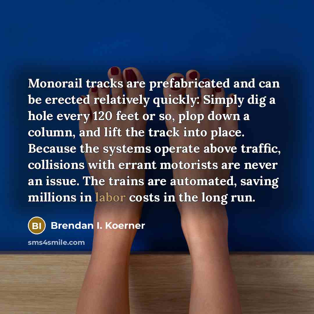 “Monorail tracks are prefabricated and can be erected relatively quickly: Simply dig a hole every 120 feet or so, plop down a column, and lift the track into place. Because the systems operate above traffic, collisions with errant motorists are never an issue. The trains are automated, saving…” quote by Brendan I. Koerner
