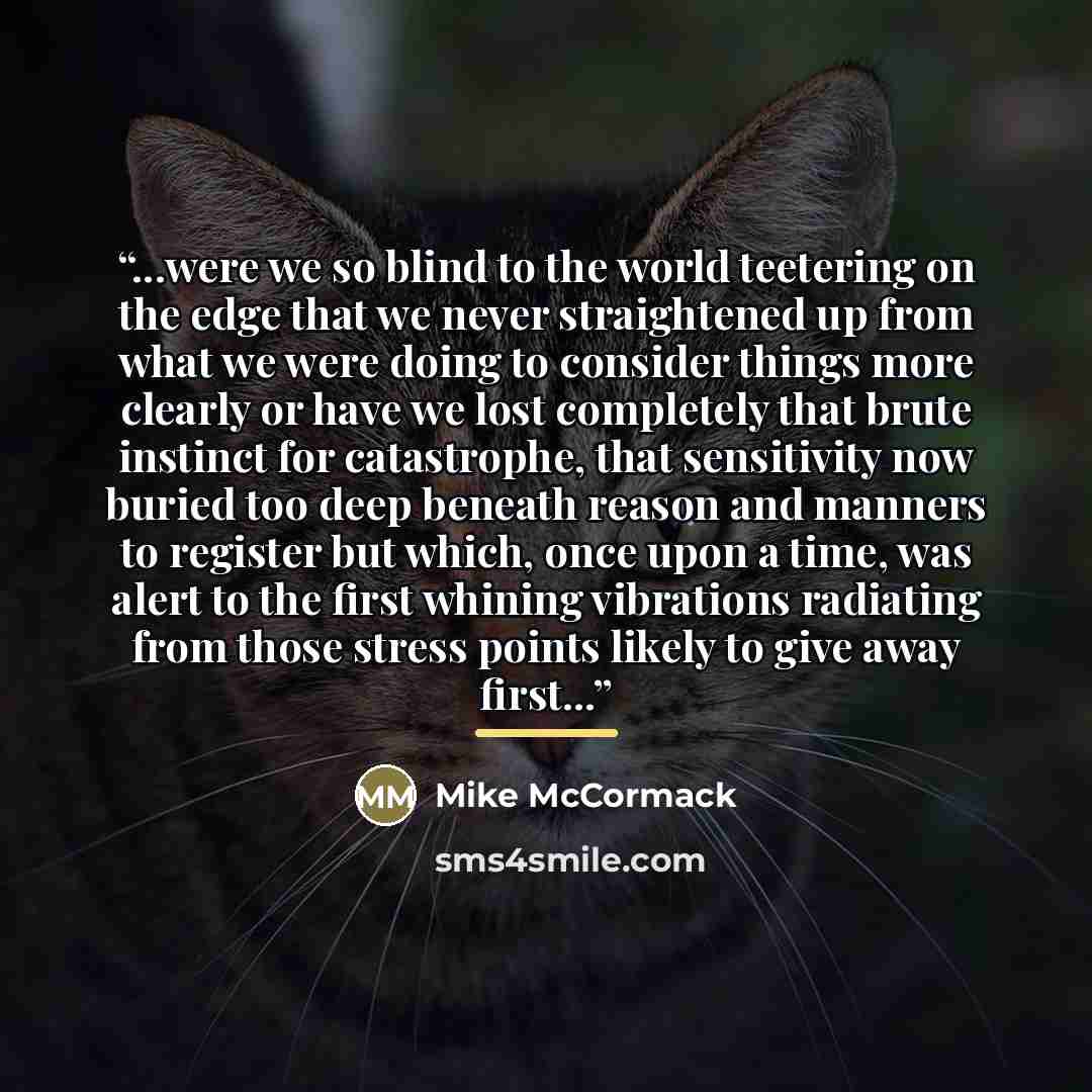 “...were we so blind to the world teetering on the edge that we never straightened up from what we were doing to consider things more clearly or have we lost completely that brute instinct for catastrophe, that sensitivity now buried too deep beneath reason and manners to register but which, once…” quote by Mike McCormack