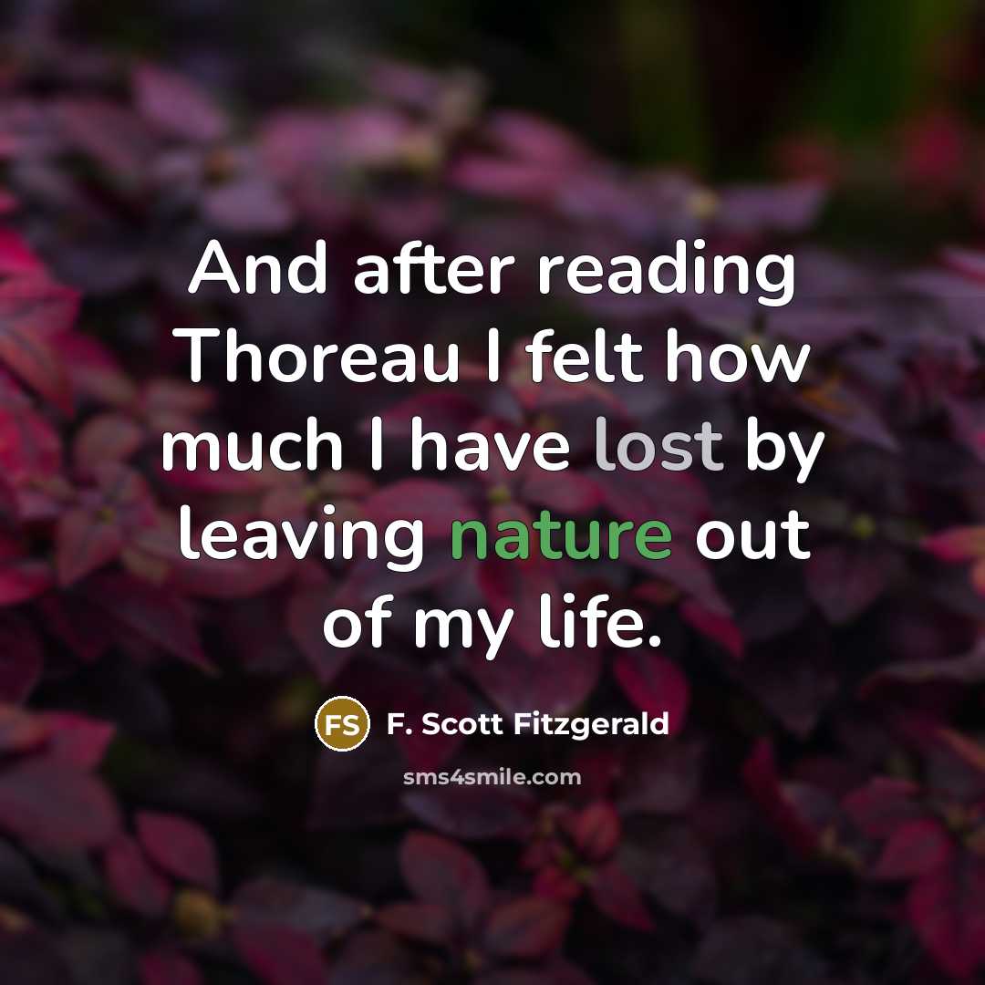 “And after reading Thoreau I felt how much I have lost by leaving nature out of my life.” quote by F. Scott Fitzgerald