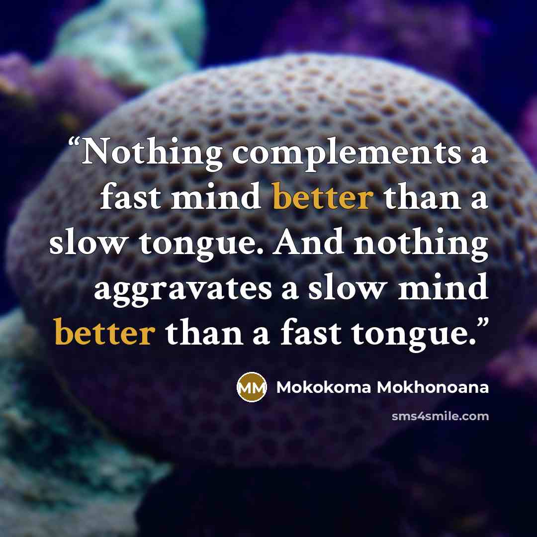 “Nothing complements a fast mind better than a slow tongue. And nothing aggravates a slow mind better than a fast tongue.” quote by Mokokoma Mokhonoana