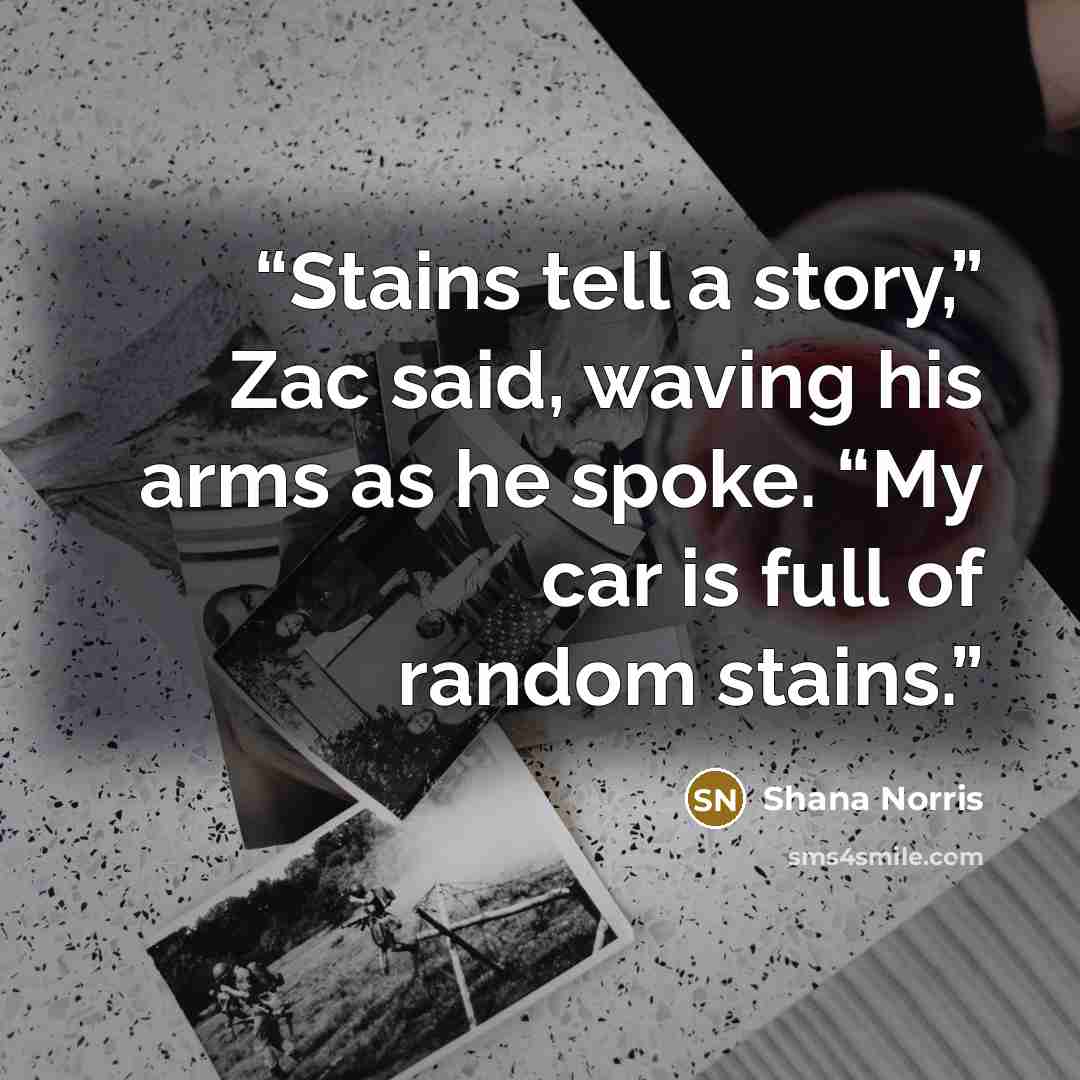 “Stains tell a story,” Zac said, waving his arms as he spoke. “My car is full of random stains.” quote by Shana Norris