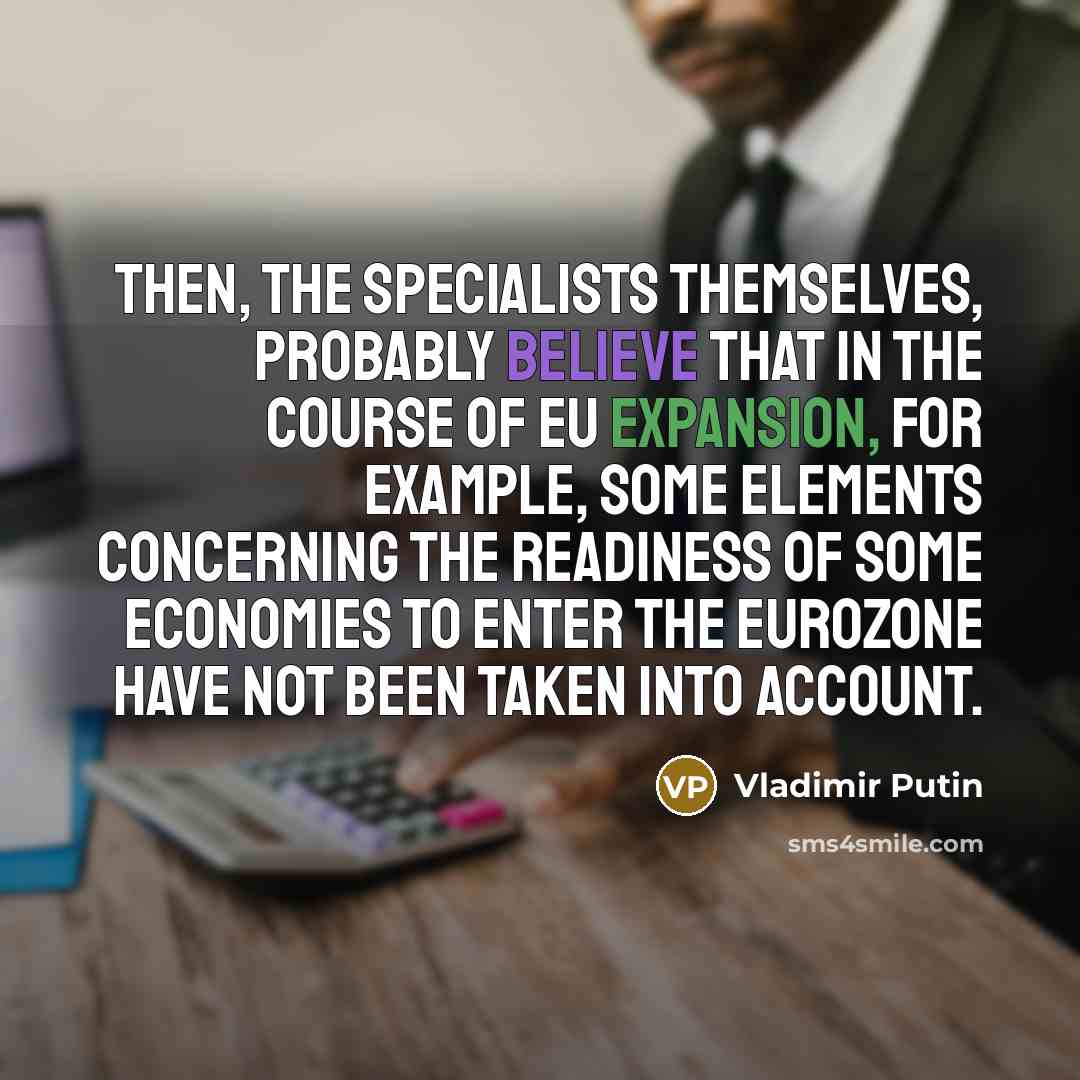 “Then, the specialists themselves, probably believe that in the course of EU expansion, for example, some elements concerning the readiness of some economies to enter the Eurozone have not been taken into account.” quote by Vladimir Putin