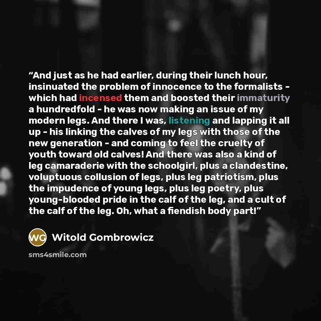 “And just as he had earlier, during their lunch hour, insinuated the problem of innocence to the formalists - which had incensed them and boosted their immaturity a hundredfold - he was now making an issue of my modern legs. And there I was, listening and lapping it all up - his linking the calves…” quote by Witold Gombrowicz