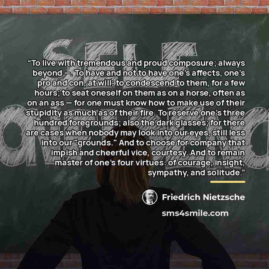 “To live with tremendous and proud composure; always beyond —. To have and not to have one's affects, one's pro and con, at will; to condescend to them, for a few hours; to seat oneself on them as on a horse, often as on an ass — for one must know how to make use of their stupidity as much as of…” quote by Friedrich Nietzsche