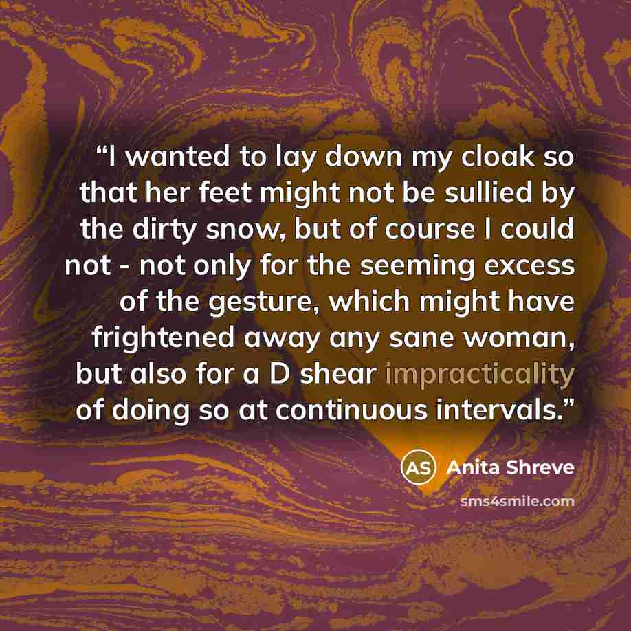 “I wanted to lay down my cloak so that her feet might not be sullied by the dirty snow, but of course I could not - not only for the seeming excess of the gesture, which might have frightened away any sane woman, but also for a D shear impracticality of doing so at continuous intervals.” quote by Anita Shreve