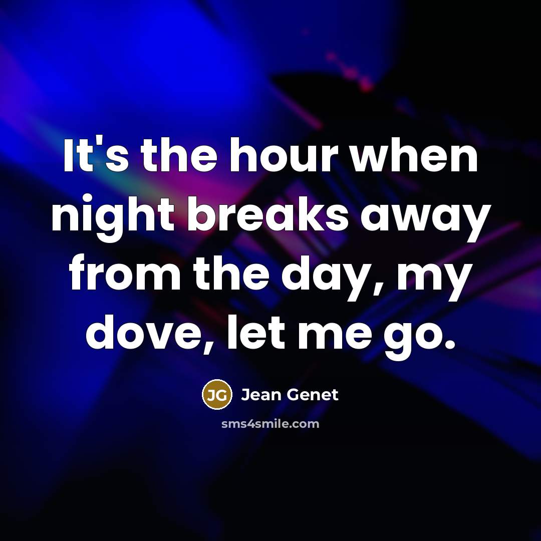 “It's the hour when night breaks away from the day, my dove, let me go.” quote by Jean Genet